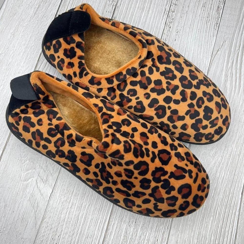 Womens Leopard Print Plush Faux Fur Lined Slip On House Slippers Size 10‎